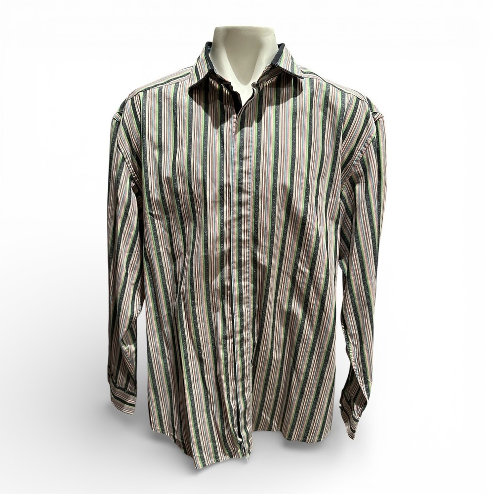 !! SOLD !! Robert Graham 3XL Stripe Floral Flip Cuff Shirt MOP Buttons